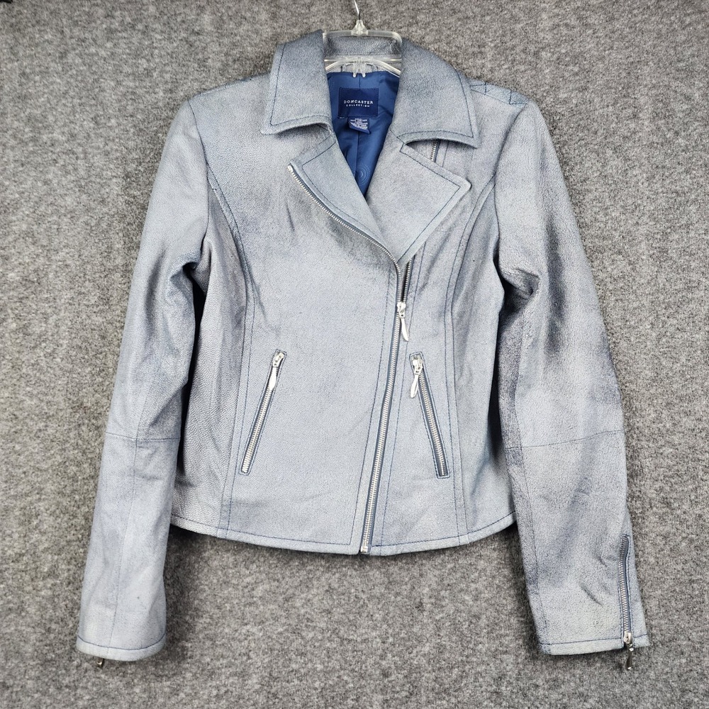 Doncaster Collection Moto Jacket Womens 4‎ Blue Grey Textured Leather Biker Coat